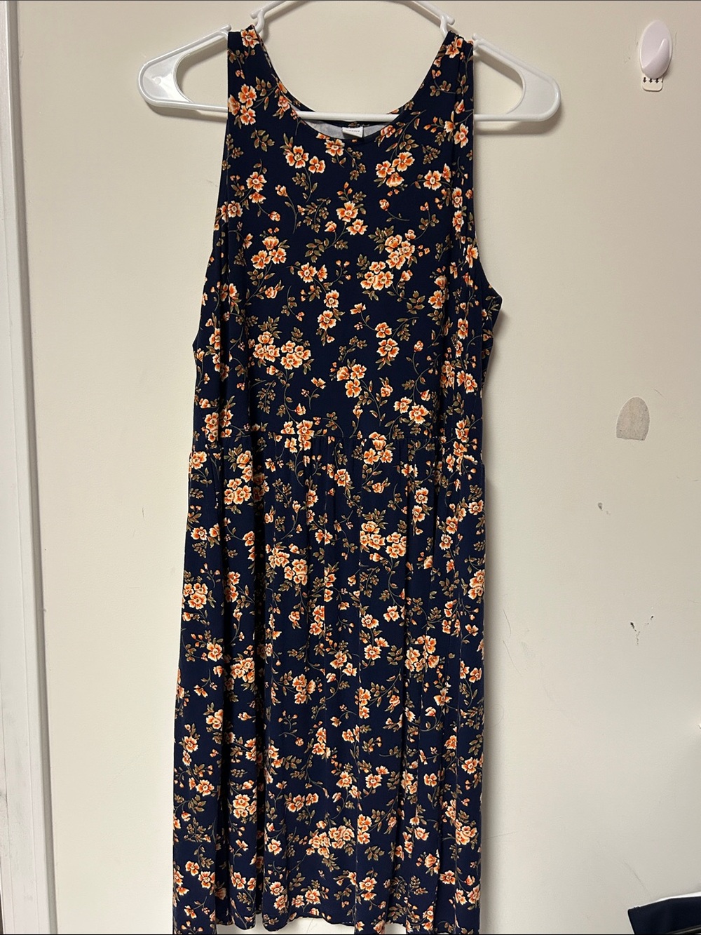 Old Navy Navy Midi Dress with Peach Floral Print
